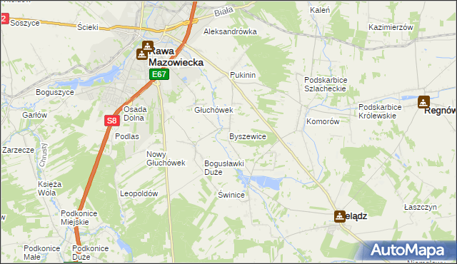 mapa Byszewice gmina Rawa Mazowiecka, Byszewice gmina Rawa Mazowiecka na mapie Targeo