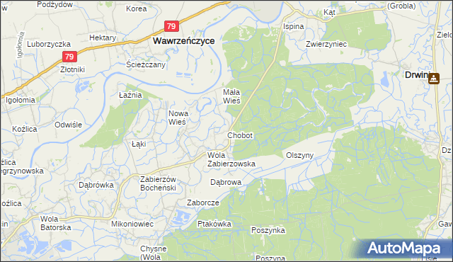 mapa Chobot gmina Niepołomice, Chobot gmina Niepołomice na mapie Targeo