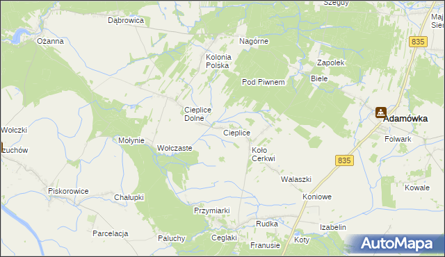 mapa Cieplice gmina Adamówka, Cieplice gmina Adamówka na mapie Targeo