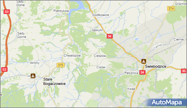 mapa Cieszów gmina Stare Bogaczowice, Cieszów gmina Stare Bogaczowice na mapie Targeo