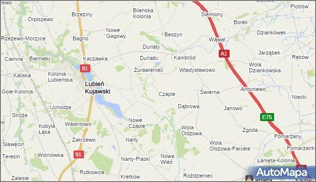 mapa Czaple gmina Lubień Kujawski, Czaple gmina Lubień Kujawski na mapie Targeo