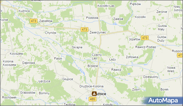 mapa Czarny Las gmina Drużbice, Czarny Las gmina Drużbice na mapie Targeo