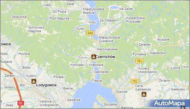 mapa Czernichów powiat żywiecki, Czernichów powiat żywiecki na mapie Targeo