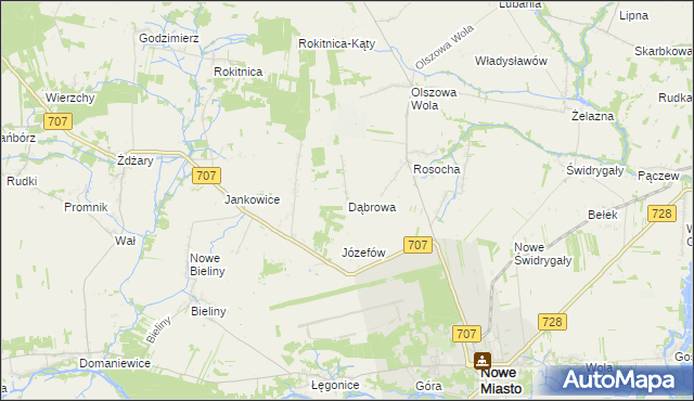 mapa Dąbrowa gmina Nowe Miasto nad Pilicą, Dąbrowa gmina Nowe Miasto nad Pilicą na mapie Targeo
