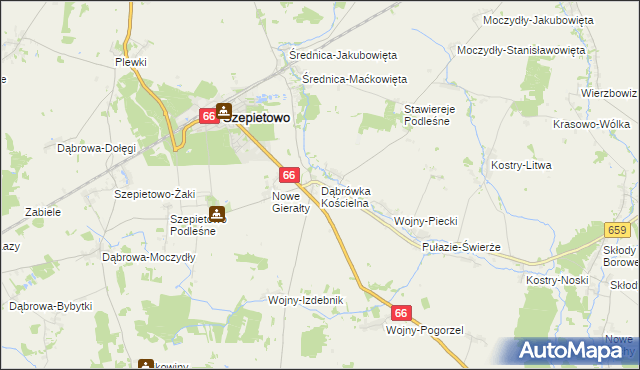 mapa Dąbrówka Kościelna gmina Szepietowo, Dąbrówka Kościelna gmina Szepietowo na mapie Targeo