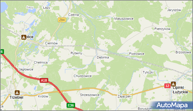 mapa Dębinka gmina Trzebiel, Dębinka gmina Trzebiel na mapie Targeo