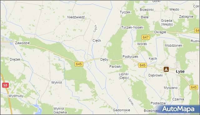 mapa Dęby gmina Łyse, Dęby gmina Łyse na mapie Targeo