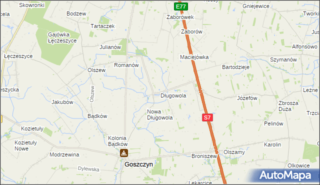 mapa Długowola gmina Goszczyn, Długowola gmina Goszczyn na mapie Targeo