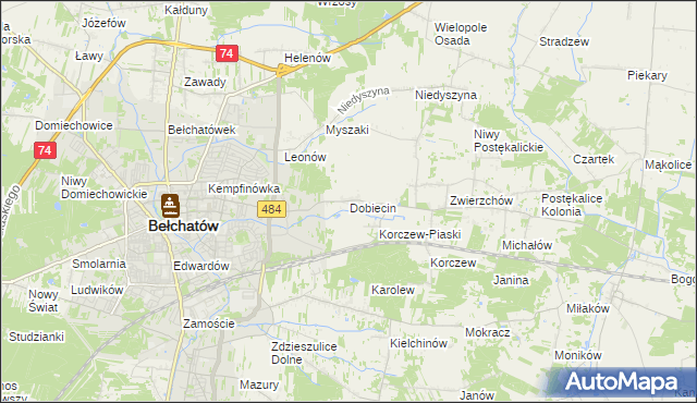 mapa Dobiecin gmina Bełchatów, Dobiecin gmina Bełchatów na mapie Targeo