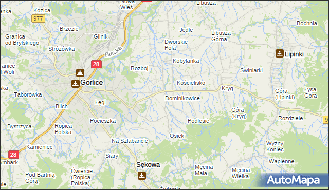 mapa Dominikowice gmina Gorlice, Dominikowice gmina Gorlice na mapie Targeo