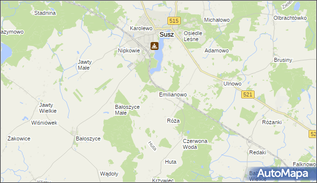 mapa Emilianowo gmina Susz, Emilianowo gmina Susz na mapie Targeo