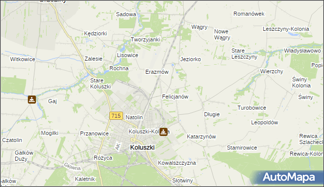 mapa Felicjanów gmina Koluszki, Felicjanów gmina Koluszki na mapie Targeo