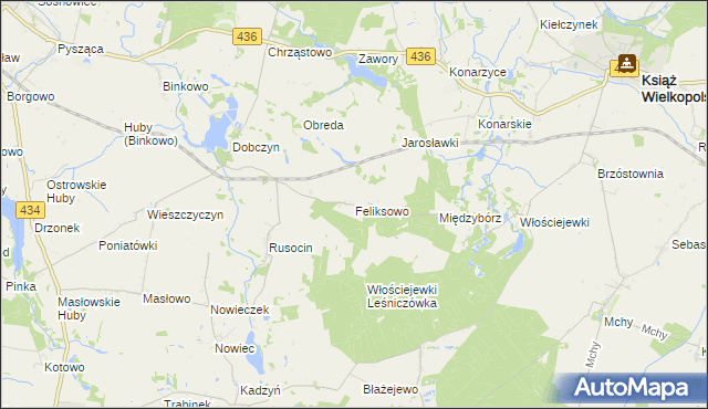 mapa Feliksowo gmina Książ Wielkopolski, Feliksowo gmina Książ Wielkopolski na mapie Targeo