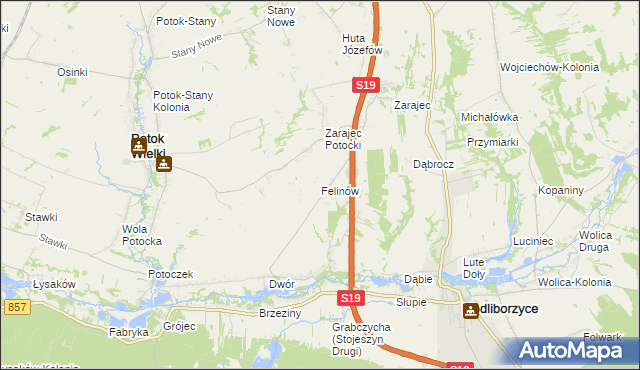 mapa Felinów gmina Modliborzyce, Felinów gmina Modliborzyce na mapie Targeo