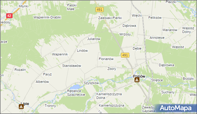 mapa Florianów gmina Popów, Florianów gmina Popów na mapie Targeo