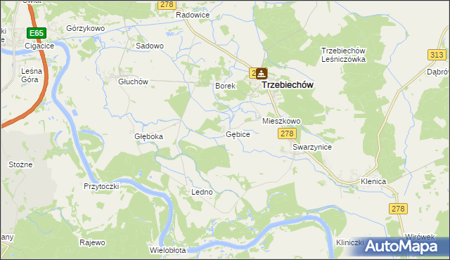 mapa Gębice gmina Trzebiechów, Gębice gmina Trzebiechów na mapie Targeo