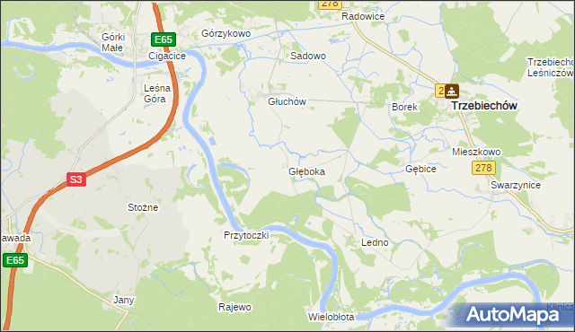 mapa Głęboka gmina Trzebiechów, Głęboka gmina Trzebiechów na mapie Targeo