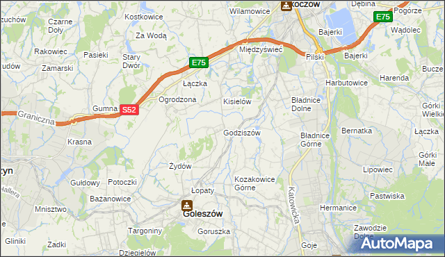 mapa Godziszów gmina Goleszów, Godziszów gmina Goleszów na mapie Targeo