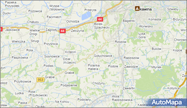 mapa Gołuchowice gmina Skawina, Gołuchowice gmina Skawina na mapie Targeo