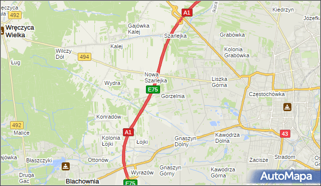 mapa Gorzelnia gmina Blachownia, Gorzelnia gmina Blachownia na mapie Targeo