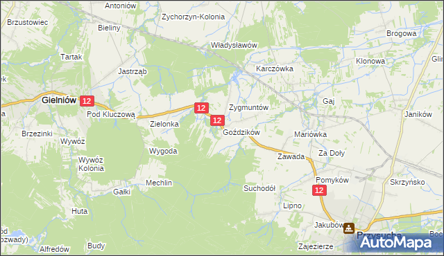 mapa Goździków gmina Gielniów, Goździków gmina Gielniów na mapie Targeo