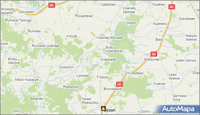 mapa Grabówiec gmina Ojrzeń, Grabówiec gmina Ojrzeń na mapie Targeo