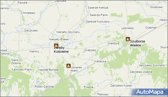 mapa Grabowo gmina Zaręby Kościelne, Grabowo gmina Zaręby Kościelne na mapie Targeo