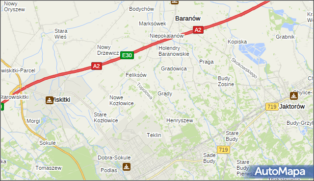 mapa Grądy gmina Jaktorów, Grądy gmina Jaktorów na mapie Targeo