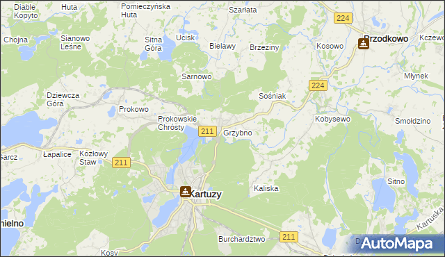 mapa Grzybno gmina Kartuzy, Grzybno gmina Kartuzy na mapie Targeo
