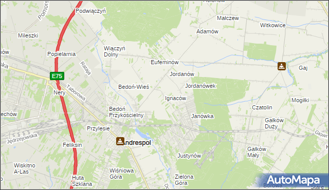 mapa Ignaców gmina Brzeziny, Ignaców gmina Brzeziny na mapie Targeo