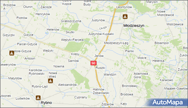 mapa Janów gmina Młodzieszyn, Janów gmina Młodzieszyn na mapie Targeo