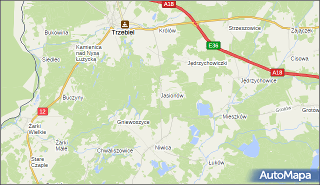 mapa Jasionów gmina Trzebiel, Jasionów gmina Trzebiel na mapie Targeo