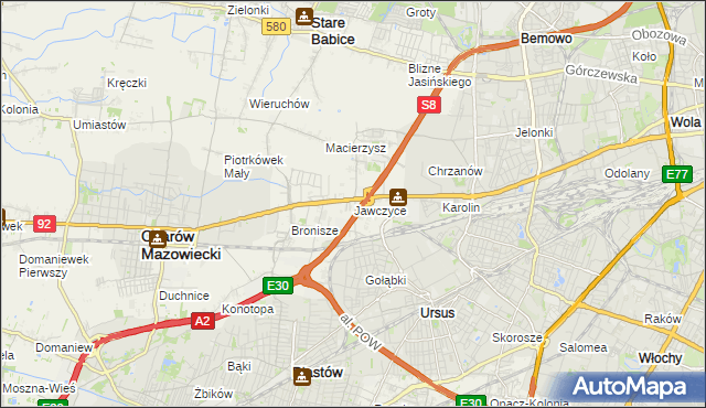 mapa Jawczyce gmina Ożarów Mazowiecki, Jawczyce gmina Ożarów Mazowiecki na mapie Targeo