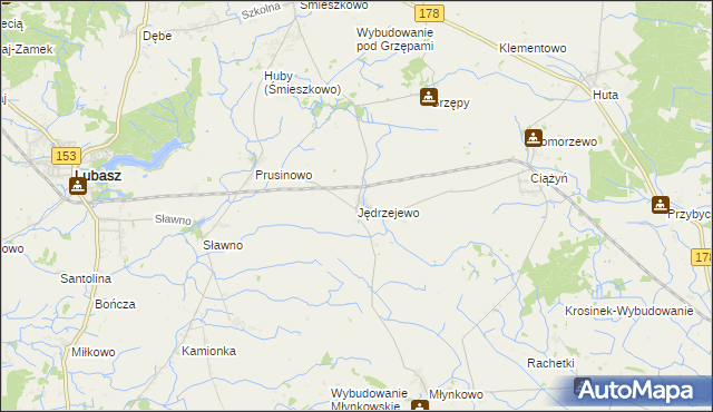 mapa Jędrzejewo gmina Lubasz, Jędrzejewo gmina Lubasz na mapie Targeo