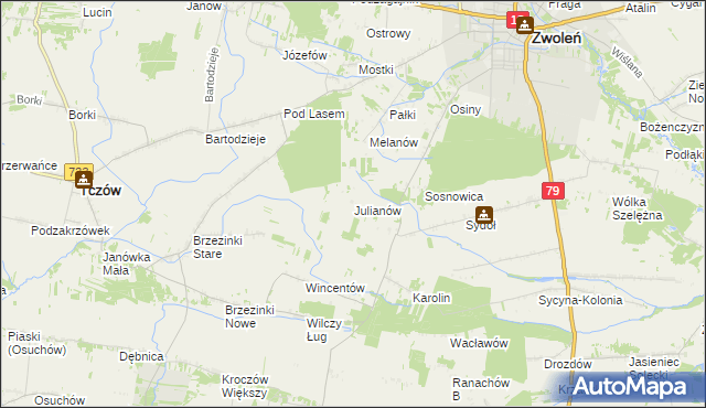 mapa Julianów gmina Tczów, Julianów gmina Tczów na mapie Targeo