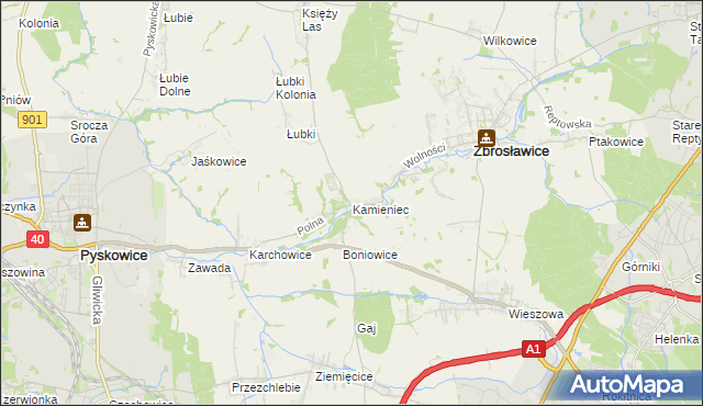 mapa Kamieniec gmina Zbrosławice, Kamieniec gmina Zbrosławice na mapie Targeo