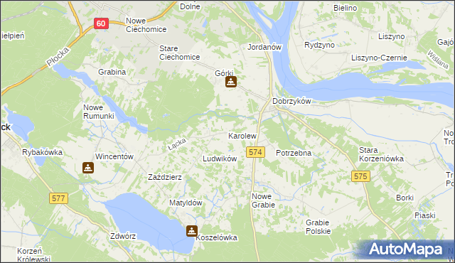 mapa Karolew gmina Gąbin, Karolew gmina Gąbin na mapie Targeo