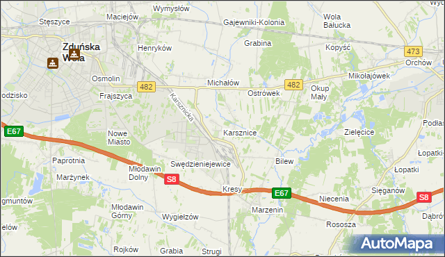 mapa Karsznice gmina Zduńska Wola, Karsznice gmina Zduńska Wola na mapie Targeo