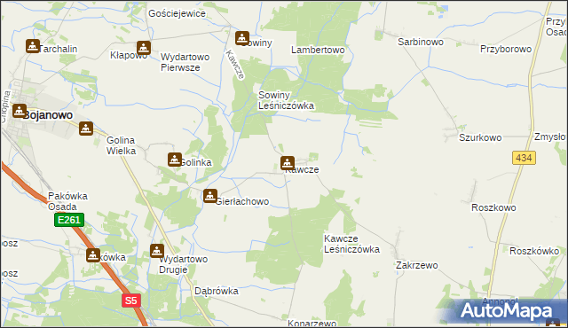 mapa Kawcze gmina Bojanowo, Kawcze gmina Bojanowo na mapie Targeo