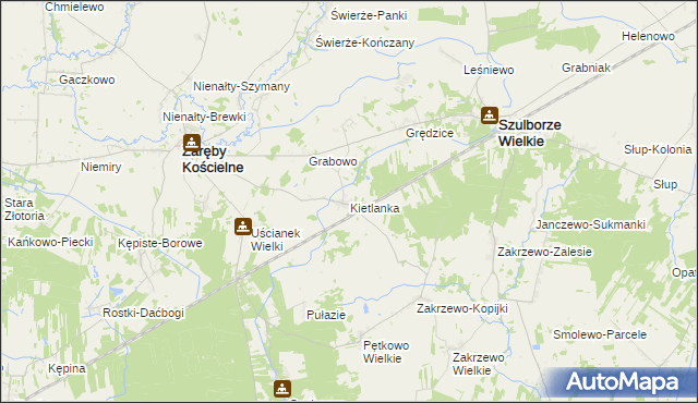 mapa Kietlanka gmina Zaręby Kościelne, Kietlanka gmina Zaręby Kościelne na mapie Targeo