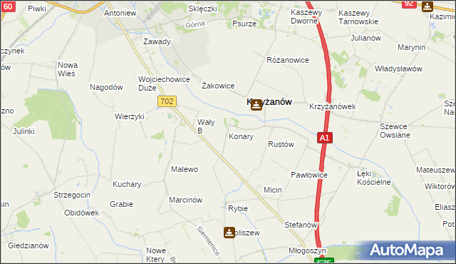 mapa Konary gmina Krzyżanów, Konary gmina Krzyżanów na mapie Targeo