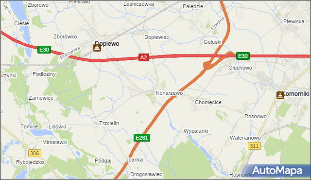 mapa Konarzewo gmina Dopiewo, Konarzewo gmina Dopiewo na mapie Targeo