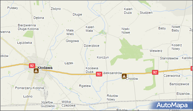 mapa Korczyn gmina Chodów, Korczyn gmina Chodów na mapie Targeo