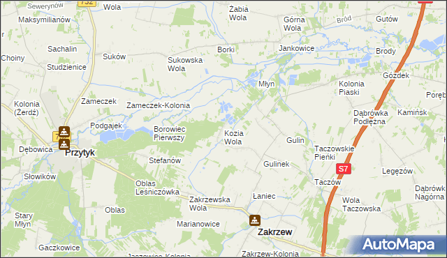 mapa Kozia Wola gmina Zakrzew, Kozia Wola gmina Zakrzew na mapie Targeo