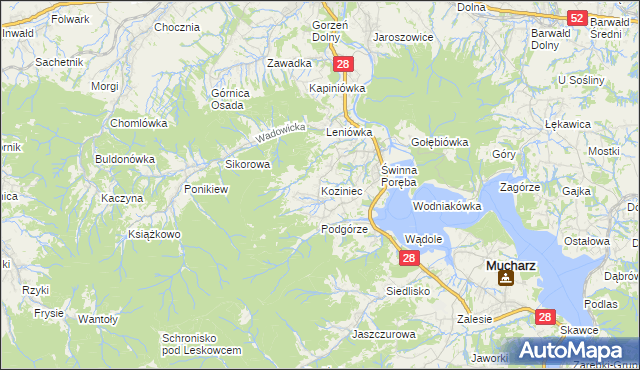 mapa Koziniec gmina Mucharz, Koziniec gmina Mucharz na mapie Targeo