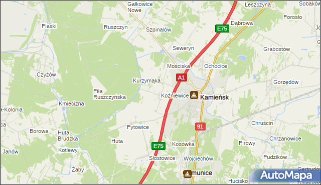 mapa Koźniewice, Koźniewice na mapie Targeo