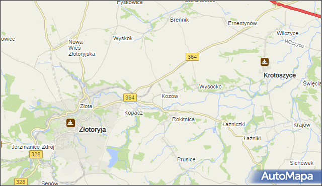 mapa Kozów gmina Złotoryja, Kozów gmina Złotoryja na mapie Targeo