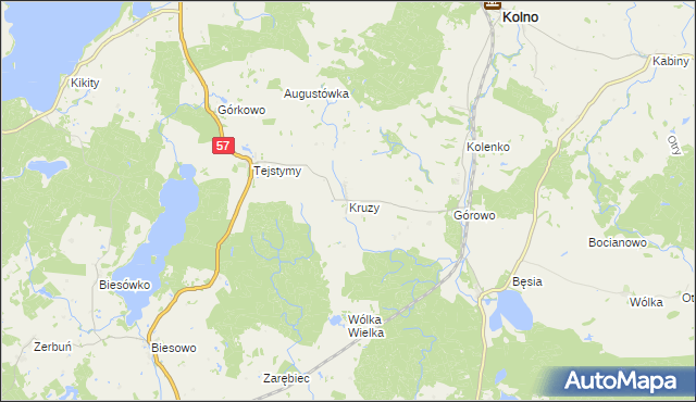 mapa Kruzy gmina Kolno, Kruzy gmina Kolno na mapie Targeo