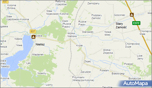 mapa Krzak gmina Nielisz, Krzak gmina Nielisz na mapie Targeo