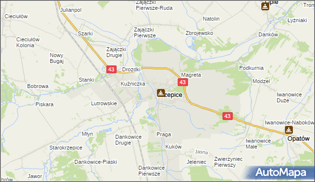 mapa Krzepice powiat kłobucki, Krzepice powiat kłobucki na mapie Targeo